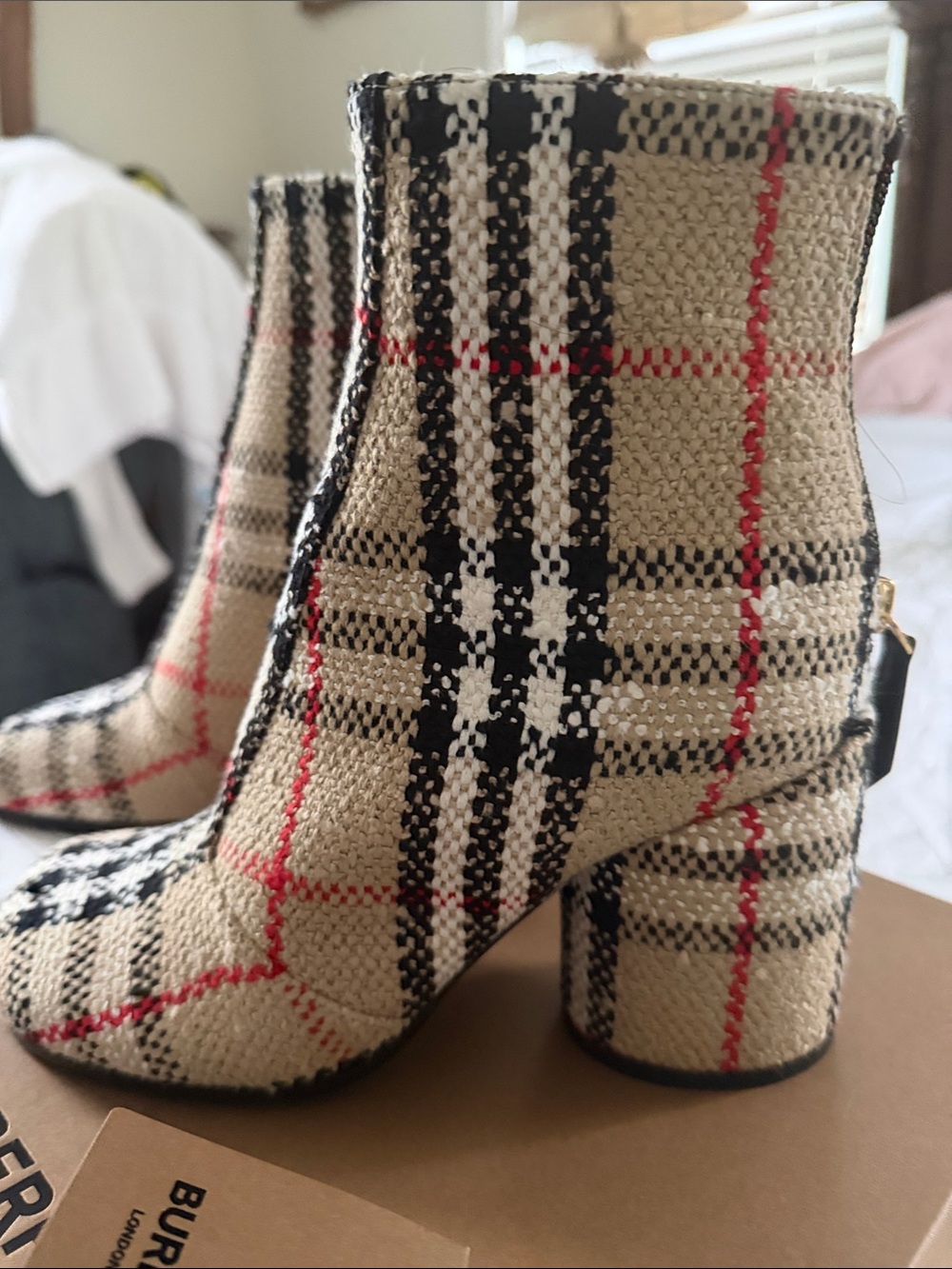 Burberry Beige Black and Red Check Knit Ankle Boots - Picture 2 of 7